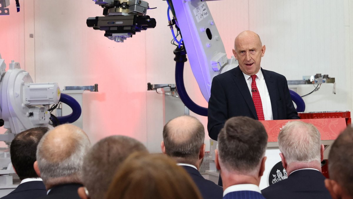 Britain's Chancellor of the Exchequer John Healey delivers a speech at the Manufacturing Technology Centre in Coventry, U.K., Sept. 7, 2026. (AFP Photo)