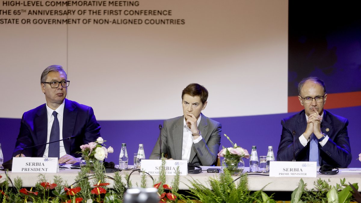 Serbian President Aleksandar Vucic (L), President of the National Assembly of Serbia Ana Brnabic (C) and Serbian Prime Minister Djuro Macut (R) attend the high-level commemorative meeting to mark the 65th anniversary of the Non-Aligned Movement in Belgrade, Serbia, Sept. 1, 2026. (EPA Photo)