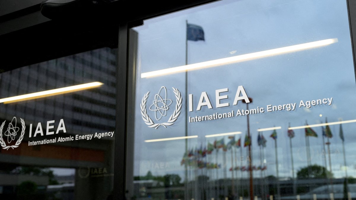 The IAEA logo is displayed in front of the agency’s headquarters in Vienna, Austria, June 5, 2026. (Reuters File Photo)