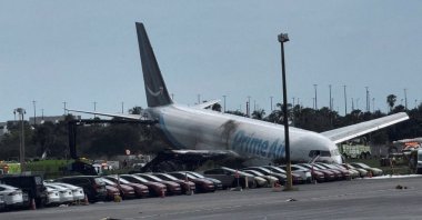A view of the Amazon Prime Air cargo plane that airport officials said overran a runway, Miami, U.S., Sept. 6, 2026. (Reuters Photo)