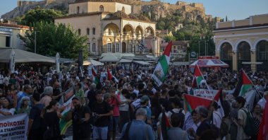 People gather at Monastiraki Square during a nationwide protest for Palestine amid Israeli violence, Athens, Greece, Aug. 9, 2026. (Reuters Photo)