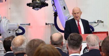 Britain's Chancellor of the Exchequer John Healey delivers a speech at the Manufacturing Technology Centre in Coventry, U.K., Sept. 7, 2026. (AFP Photo)