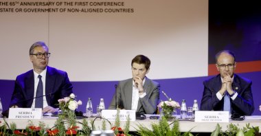 Serbian President Aleksandar Vucic (L), President of the National Assembly of Serbia Ana Brnabic (C) and Serbian Prime Minister Djuro Macut (R) attend the high-level commemorative meeting to mark the 65th anniversary of the Non-Aligned Movement in Belgrade, Serbia, Sept. 1, 2026. (EPA Photo)