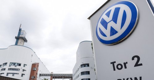 The VW logo in front of the Volkswagen plant, Osnabrueck, Germany, Aug. 26, 2026. (AP Photo)