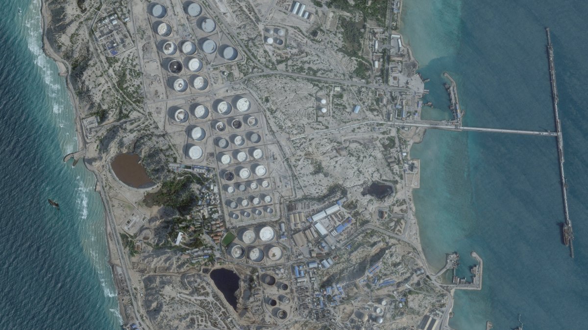 FILE PHOTO: A satellite image shows an oil terminal at Kharg Island, Iran, Feb. 25, 2026. (2026 Planet Labs PBC/Handout via Reuters File Photo)