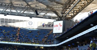The logo of the “Iyilik Var” digital volunteering platform is displayed on stadium screens during a match, Istanbul, Türkiye, Sept. 4, 2026. (AA Photo)