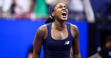 U.S.' Coco Gauff celebrates after defeating USA's Iva Jovic in the women's singles round of 16 at the US Open on day nine at the USTA Billie Jean King National Tennis Center, New York City, U.S., Sept. 7, 2026. (AFP Photo)