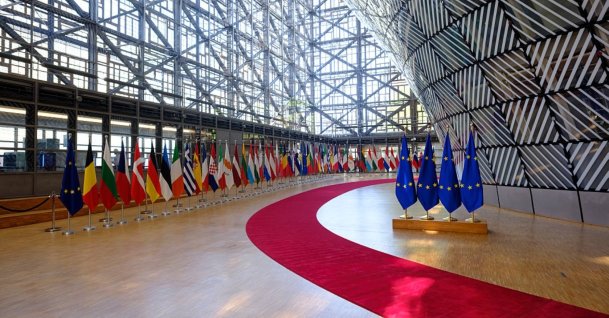 EU flags are display prior to a gathering at the EU Council headquarter, Brussels, Belgium, July 9, 2026. (Getty Images Photo)