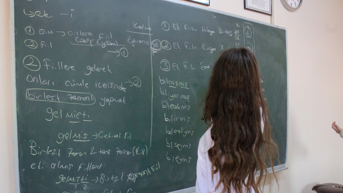 A student writes on the blackboard during a Turkish grammar class in a high school classroom, Istanbul, Türkiye, April 14, 2021. (Shutterstock Photo)