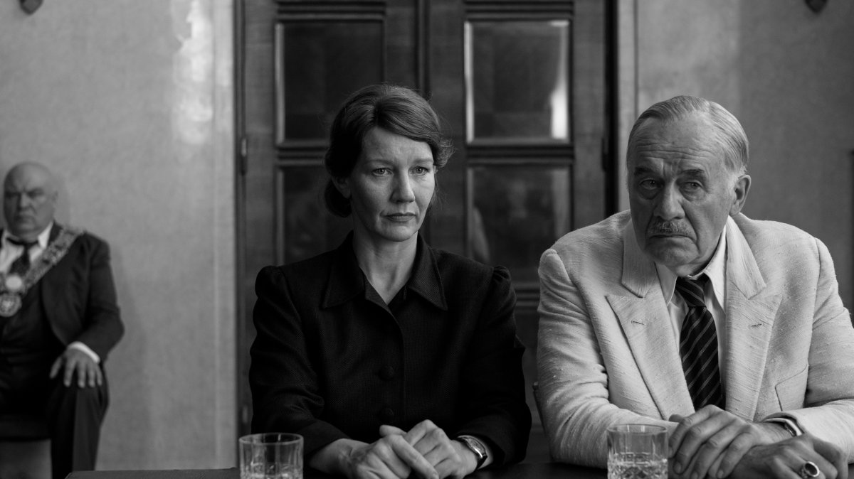 This image released by Mubi shows Sandra Hüller and Hanns Zischler in a scene from "Fatherland." (AP Photo)