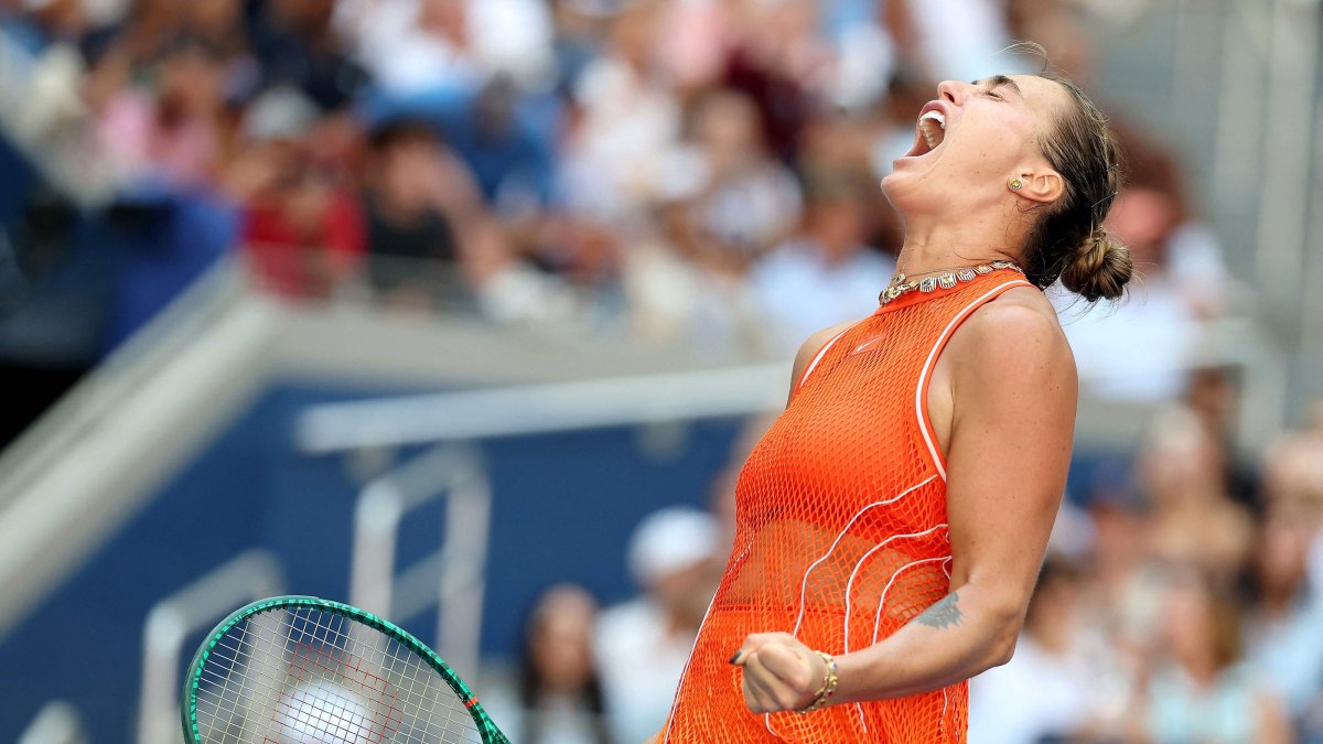 Aryna Sabalenka celebrates after defeating Linda Noskova during their Women's Singles Quarterfinal match on Day Ten of the 2026 US Open at USTA Billie Jean King National Tennis Center, New York City, U.S., Sept. 8, 2026. (AFP Photo)