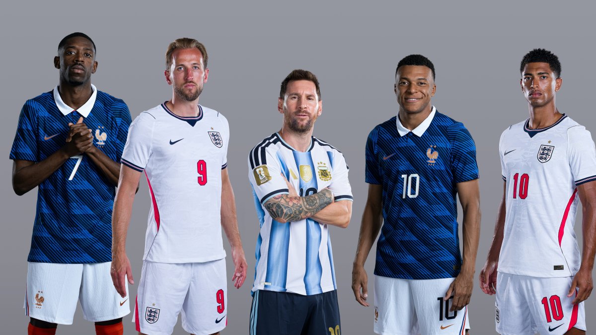 (L-R) Ousmane Dembele, Harry Kane, Lionel Messi, Kylian Mbappe and Jude Bellingham ahead of the FIFA World Cup 2026 Bronze Final match between France and England and the Final match between Spain and Argentina, New York City, U.S., July 16, 2026. (Getty Images Photo)