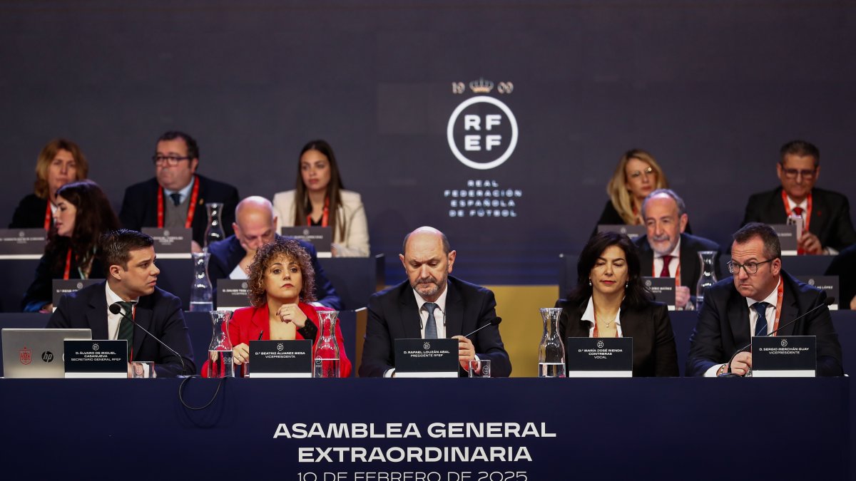 RFEF President Rafael Louzan presides over the Extraordinary General Assembly of the Royal Spanish Football Federation (RFEF) at the Ciudad del Futbol, Madrid, Spain, Feb. 10, 2025. (Getty Images Photo)