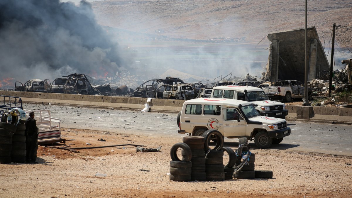 Ambulances are seen the site of an explosion at a weapons depot near Sarmada, Idlib, northwestern Syria, Sept. 9, 2026. (AA Photo)