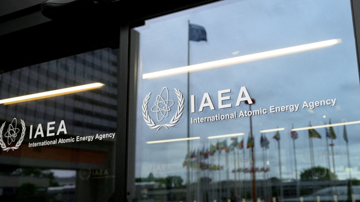 The IAEA logo is displayed in front of the agency’s headquarters in Vienna, Austria, June 5, 2026. (Reuters File Photo)