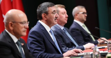 Top Turkish officials, including Vice President Cevdet Yılmaz (2nd-L), Treasury and Finance Minister Mehmet Şimşek (L) and Central Bank of the Republic of Türkiye (CBRT) Governor Fatih Karahan, attend a press briefing, Ankara, Türkiye, Sept. 6, 2026. (AA Photo)
