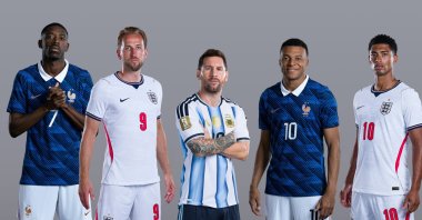 (L-R) Ousmane Dembele, Harry Kane, Lionel Messi, Kylian Mbappe and Jude Bellingham ahead of the FIFA World Cup 2026 Bronze Final match between France and England and the Final match between Spain and Argentina, New York City, U.S., July 16, 2026. (Getty Images Photo)