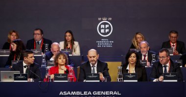 RFEF President Rafael Louzan presides over the Extraordinary General Assembly of the Royal Spanish Football Federation (RFEF) at the Ciudad del Futbol, Madrid, Spain, Feb. 10, 2025. (Getty Images Photo)