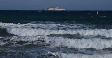 A Greek Navy frigate Kimon is seen patrolling off the coast of Limassol, Greek Cyprus, March 11, 2026. (AP Photo)
