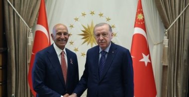 President Recep Tayyip Erdoğan shakes hands with U.S. Envoy Tom Barrack in Ankara, Sept. 9, 2026. (IHA Photo)