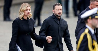 Ukraine's President Volodymyr Zelenskyy and First Lady Olena Zelenska walk behind the coffin of Norway's late King Harald V as it is carried from the Oslo Cathedral to Akershus Castle in Oslo, Norway, Sept. 9, 2026. (AFP Photo)