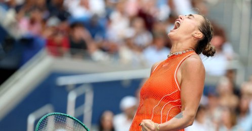 Aryna Sabalenka celebrates after defeating Linda Noskova during their Women's Singles Quarterfinal match on Day Ten of the 2026 US Open at USTA Billie Jean King National Tennis Center, New York City, U.S., Sept. 8, 2026. (AFP Photo)