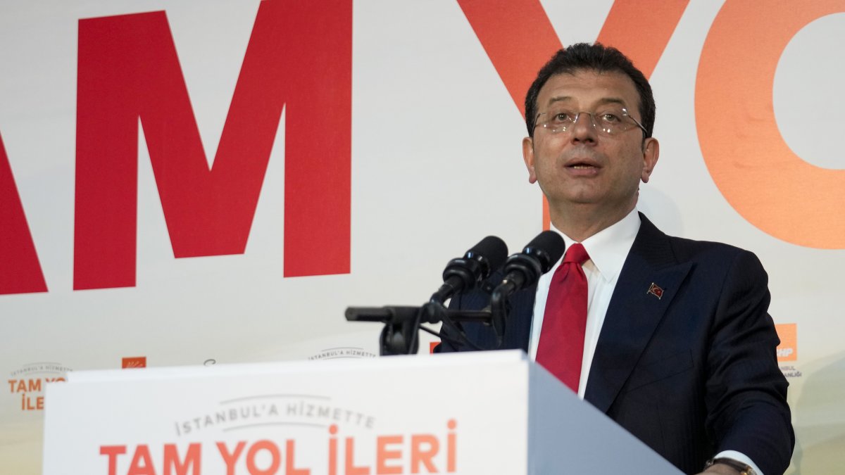 Former Istanbul Mayor Ekrem Imamoglu speaks with journalists at his party's headquarters, Istanbul, Türkiye, March 31, 2024. (AP Photo)