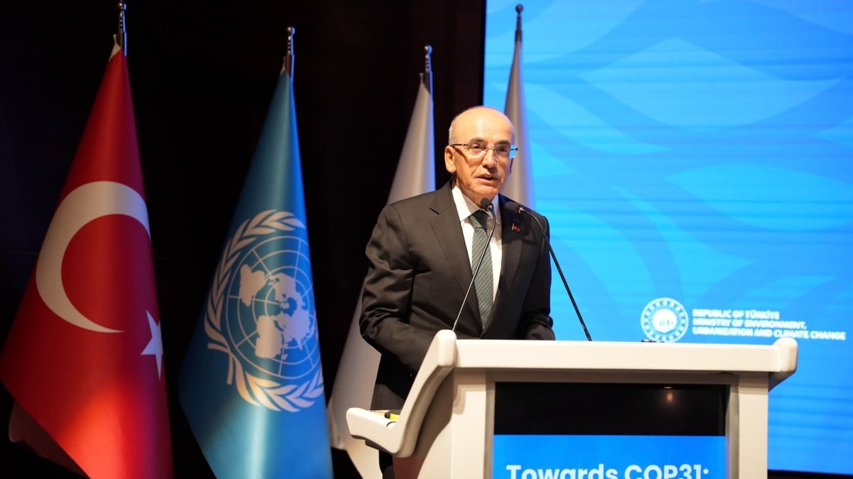Treasury and Finance Minister Mehmet Şimşek speaks during "Towards COP31: Climate Finance Policy Dialogue" event held ahead of COP31, Istanbul, Türkiye, Sept. 5, 2026. (AA Photo)