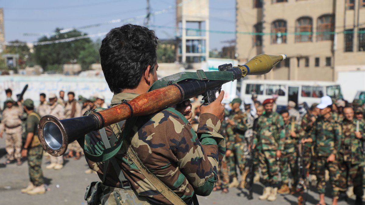 A Houthi rebel carries a rocket-propelled grenade launcher as they march during a mobilization campaign in Sanaa, Yemen, Sept. 10, 2026. (AP Photo)