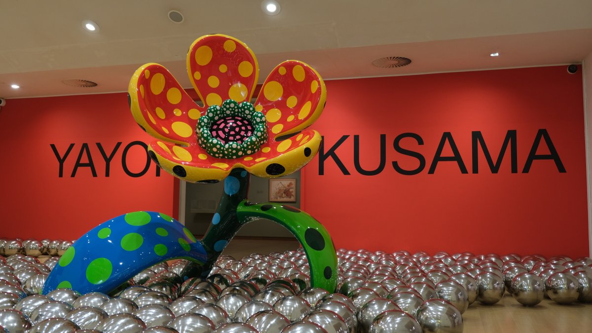 Flowers and reflective balls are seen at a major retrospective of works by recently deceased Japanese artist Yayoi Kusama at the Stedelijk Museum, Amsterdam, Netherlands, Sept. 9, 2026. (AP Photo)