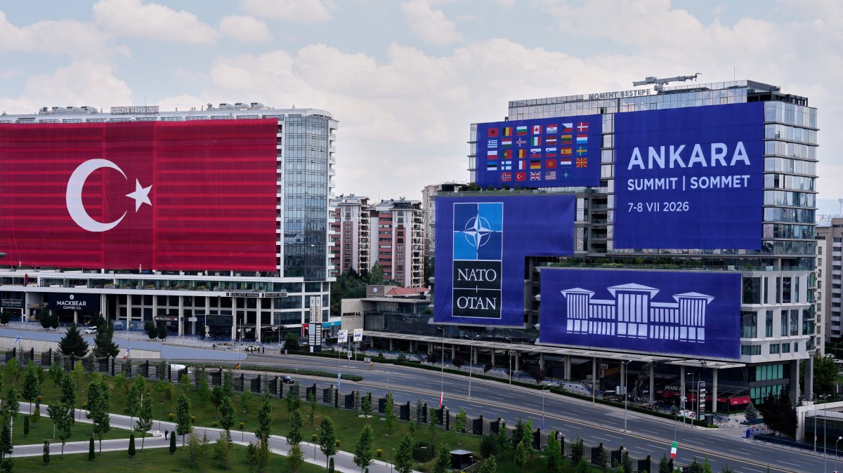 The Turkish flag and NATO banners are displayed on buildings ahead of the NATO summit, Ankara, Türkiye, July 6, 2026. (AP Photo)