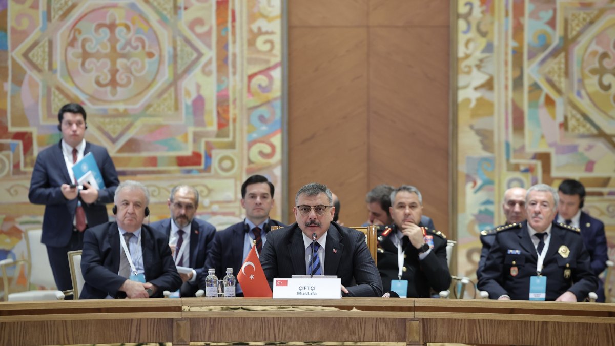 Interior Minister Mustafa Çiftçi speaks at the meeting, Astana, Kazakhstan, Sept. 10, 2026. (AA Photo)