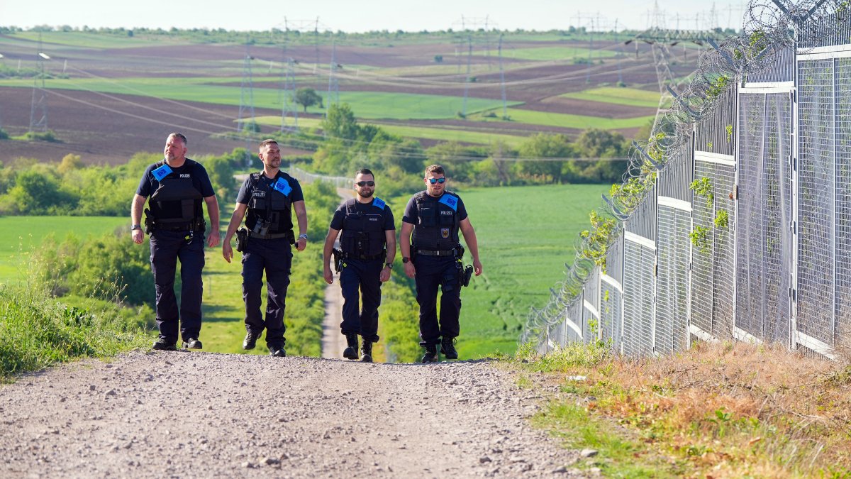 Four German Federal Police officers on Frontex duty walk along the Turkish-Bulgarian "Green Border", April 15, 2024. (AFP File Photo)