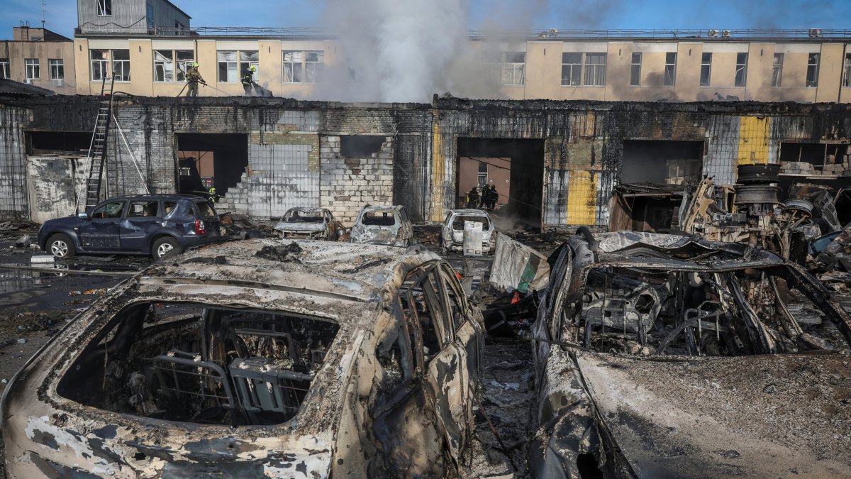 Firefighters work at the site of a destroyed car service, hit during a Russian missile and drone strike, amid Russia’s attack on Ukraine, in Kyiv, Ukraine, Sept. 8, 2026. (Reuters File Photo)
