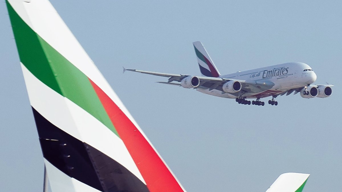An Emirates Airbus A380 jumbo jet lands at Dubai International Airport in Dubai, United Arab Emirates, Sept. 9, 2022. (AP Photo)