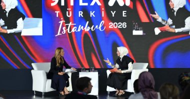 Sümeyye Erdoğan Bayraktar (R), chairperson of the Women and Democracy Foundation (KADEM), speaks during a session at GITEX AI Türkiye 2026, Istanbul, Türkiye, Sept. 9, 2026. (AA Photo)
