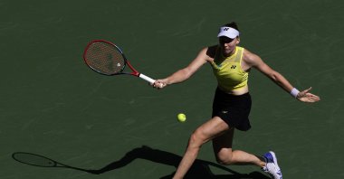 Kazakhstan's Elena Rybakina returns a shot against China's Qinwen Zheng during their Women's Singles Quarterfinal match on Day Eleven of the 2026 US Open at USTA Billie Jean King National Tennis Center, New York City, U.S., Sept. 9, 2026. (AFP Photo)