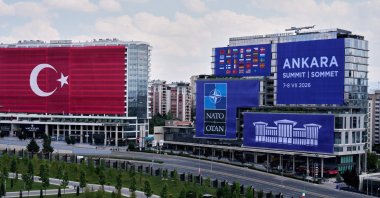 The Turkish flag and NATO banners are displayed on buildings ahead of the NATO summit, Ankara, Türkiye, July 6, 2026. (AP Photo)