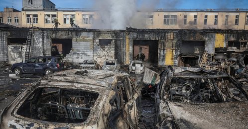 Firefighters work at the site of a destroyed car service, hit during a Russian missile and drone strike, amid Russia’s attack on Ukraine, in Kyiv, Ukraine, Sept. 8, 2026. (Reuters File Photo)