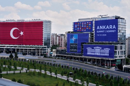 The Turkish flag and NATO banners are displayed on buildings ahead of the NATO summit, Ankara, Türkiye, July 6, 2026. (AP Photo)