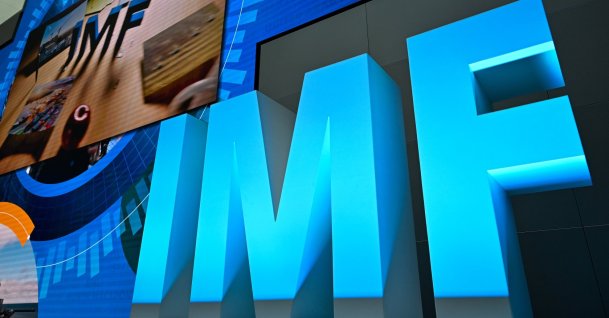  The letters IMF (for the International Monetary Fund) stand next to a stage for series of events, Washington, U.S., Oct. 24, 2024. (Getty Images Photo)