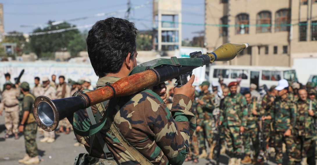 A Houthi rebel carries a rocket-propelled grenade launcher as they march during a mobilization campaign in Sanaa, Yemen, Sept. 10, 2026. (AP Photo)