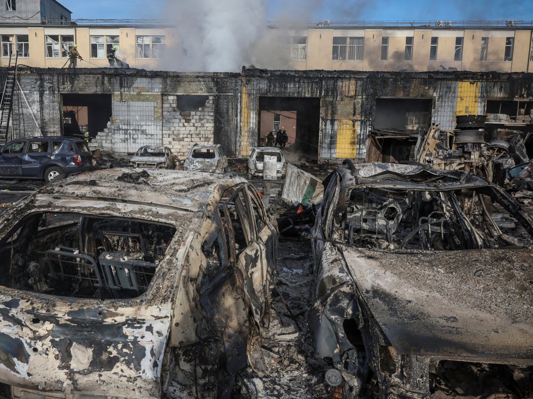 Firefighters work at the site of a destroyed car service, hit during a Russian missile and drone strike, amid Russia’s attack on Ukraine, in Kyiv, Ukraine, Sept. 8, 2026. (Reuters File Photo)