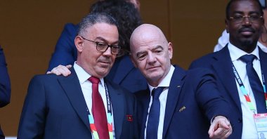 Fouzi Lekjaa, the president of the Royal Moroccan Football Federation, and FIFA President Gianni Infantino talk at a stadium in Monterrey, Mexico, June 29, 2026. (Reuters Photo)
