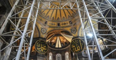 Restoration work continues at Hagia Sophia Grand Mosque, with the eastern half-dome set to undergo structural reinforcement, Istanbul, Türkiye, Sept. 10, 2026. (AA Photo)
