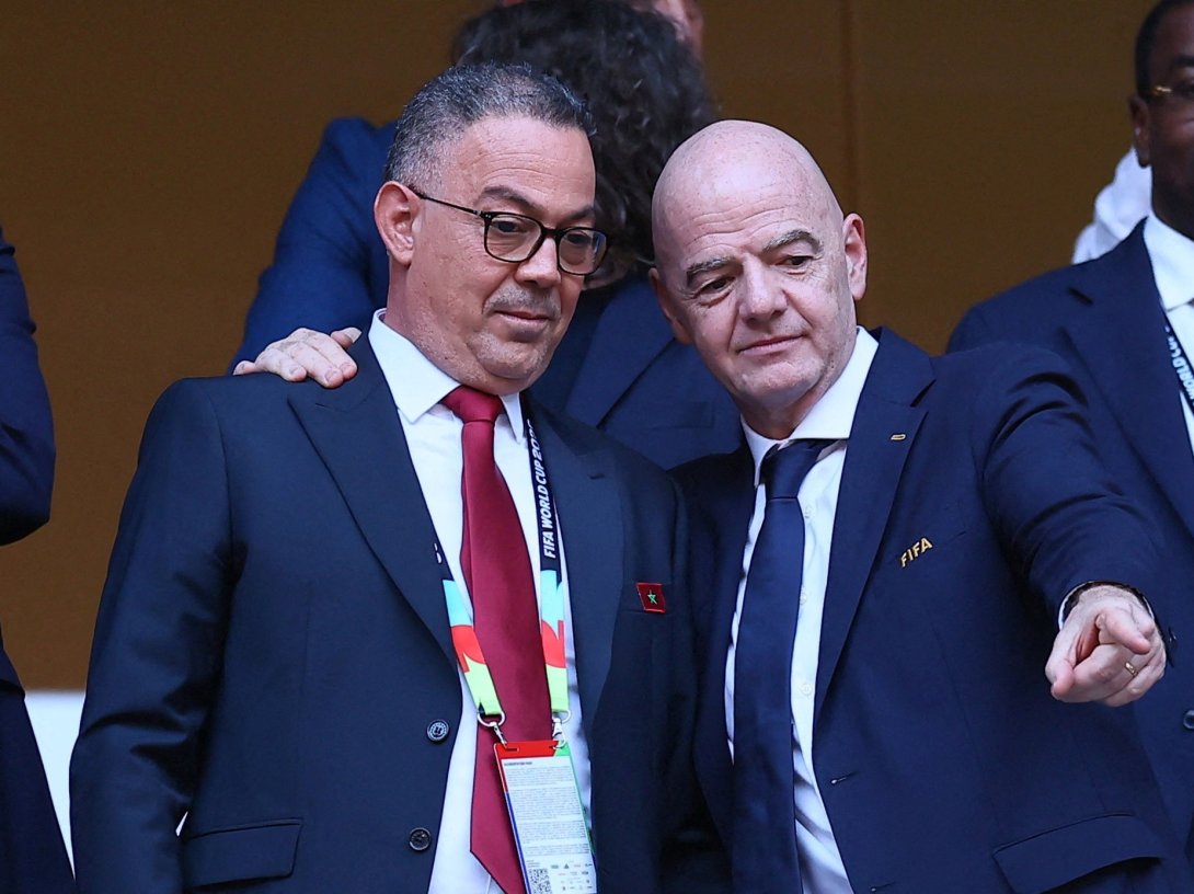 Fouzi Lekjaa, the president of the Royal Moroccan Football Federation, and FIFA President Gianni Infantino talk at a stadium in Monterrey, Mexico, June 29, 2026. (Reuters Photo)