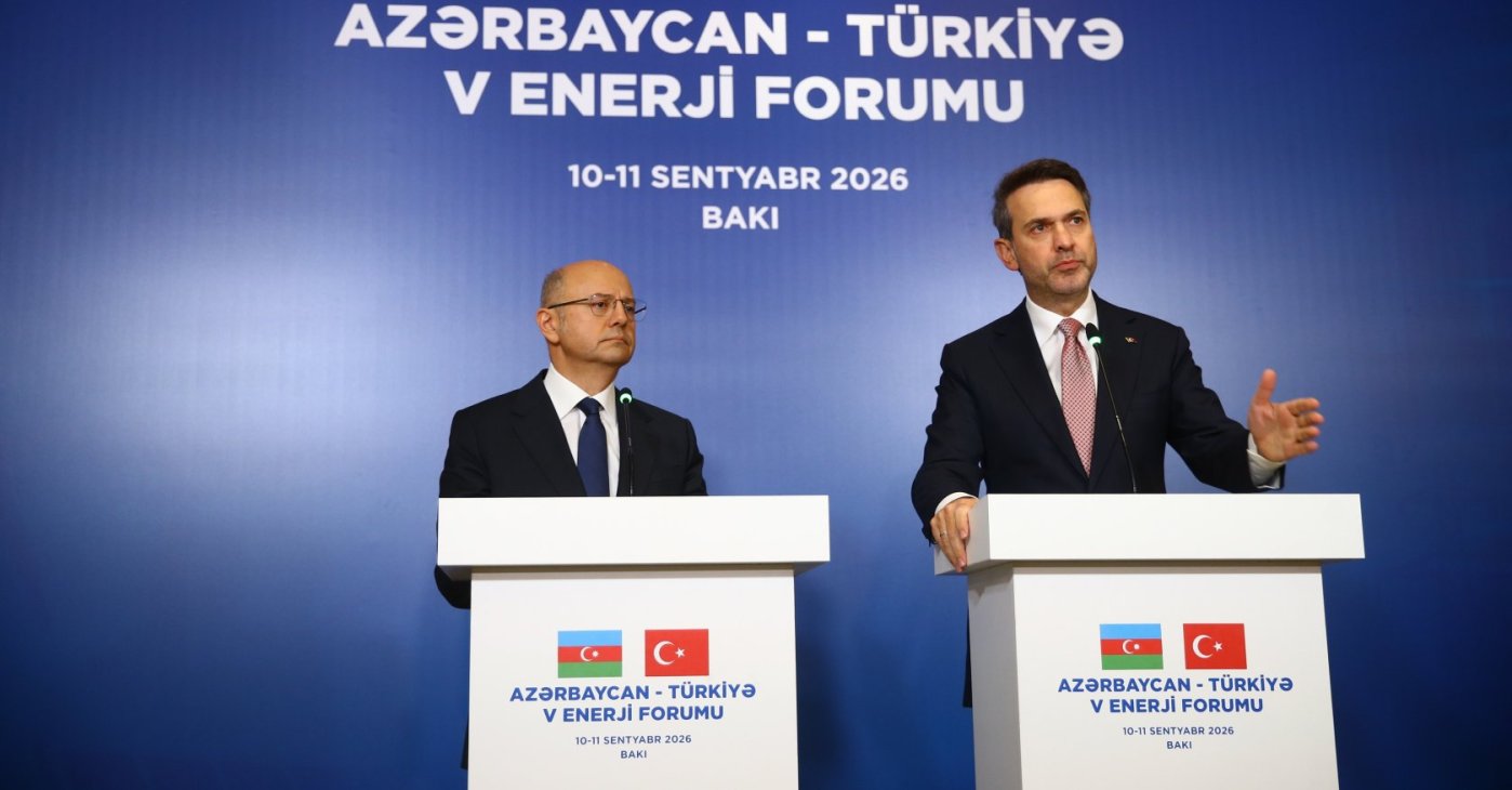 Energy and Natural Resources Minister Alparslan Bayraktar (R) and Azerbaijan's Energy Minister Parviz Shahbazov during a press conference on the sidelines of the Azerbaijan-Türkiye Energy Forum in Baku, Azerbaijan, Sept. 11, 2026. (AA Phot)