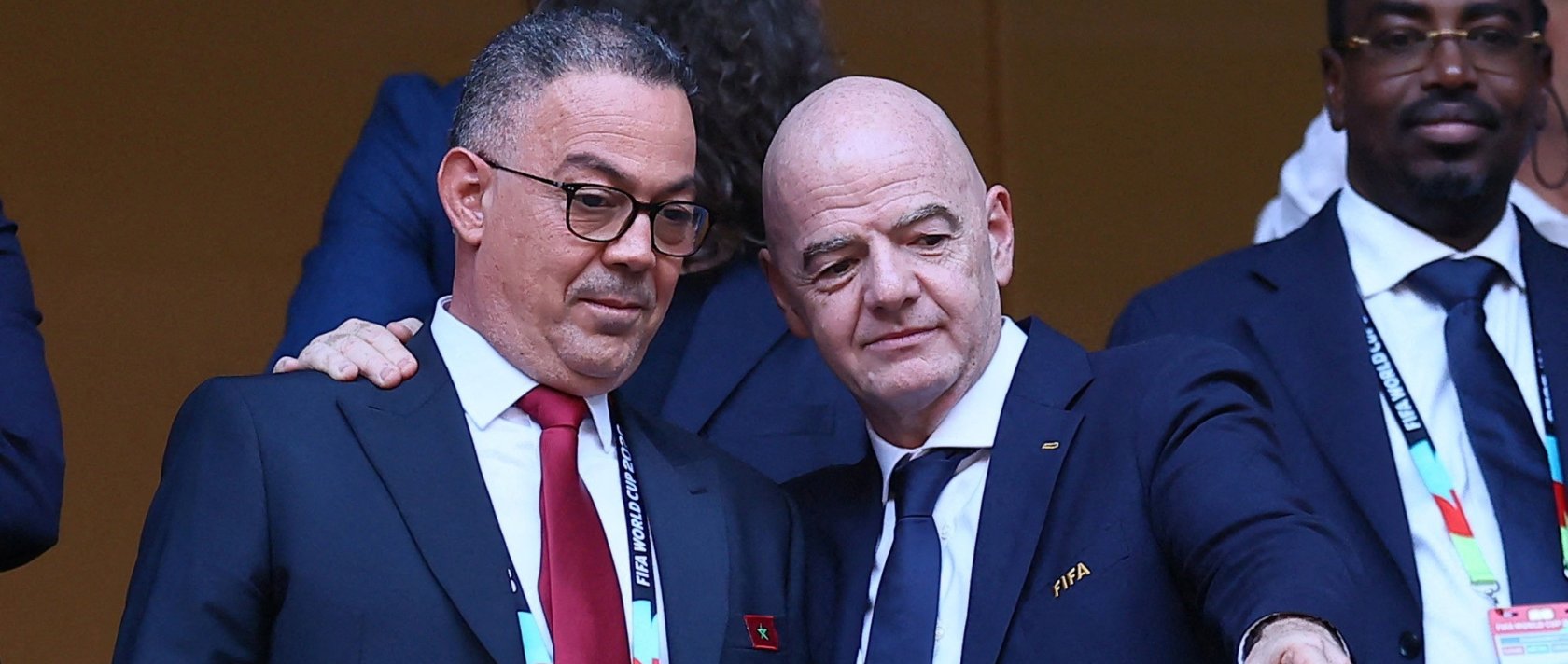Fouzi Lekjaa, the president of the Royal Moroccan Football Federation, and FIFA President Gianni Infantino talk at a stadium in Monterrey, Mexico, June 29, 2026. (Reuters Photo)