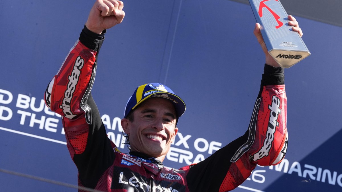 Ducati rider Marc Marquez celebrates winning the MotoGP San Marino Grand Prix in Misano Adriatico, Italy, Sept. 13, 2026. (EPA Photo)