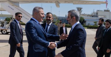 Syrian Foreign Minister Asaad al-Shaibani (R) welcomes Foreign Minister Hakan Fidan at the airport, Damascus, Syria, Sept. 13, 2026. (AA Photo)